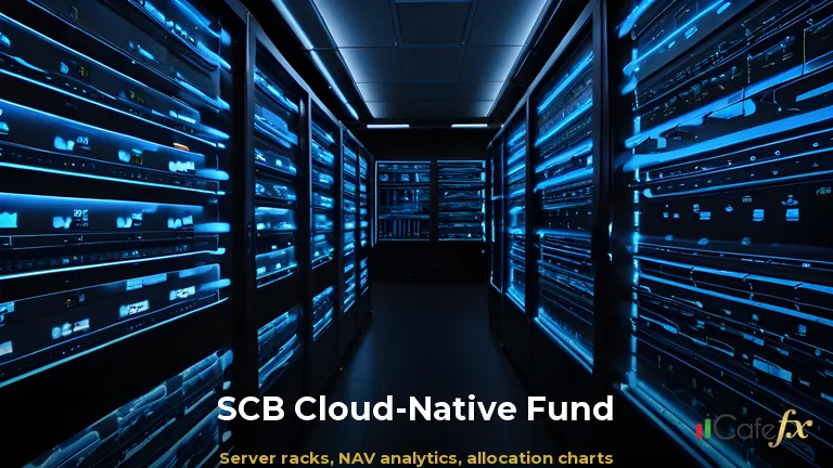 ศูนย์ข้อมูลแบงค์กงคลาวด์ แถวเซิร์ฟเวอร์แสงสีฟ้า จอแดชบอร์ดกองทุนรวม SCB แสดงกราฟ NAV และแผนภูมิการลงทุน