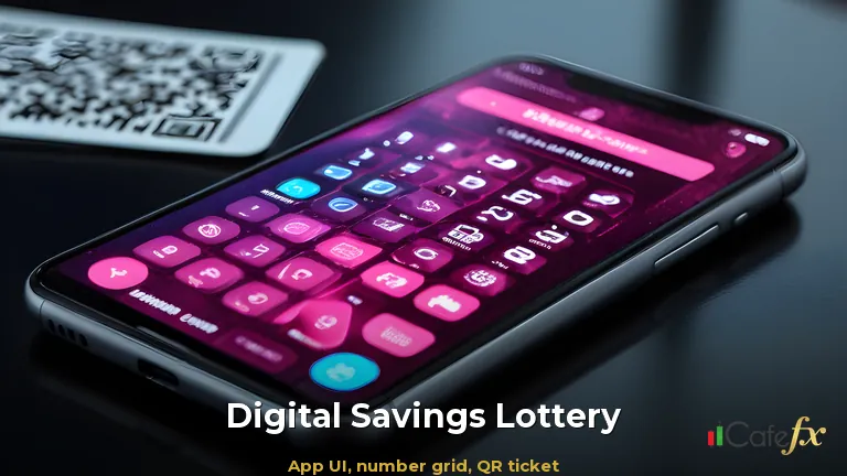 สมาร์ตโฟนวางบนโต๊ะกระจกแสดงแอปตรวจสลากออมสินดิจิทัล จอตัวเลขสลากและ QR code แสงสีชมพูฟ้า